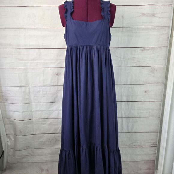 Free People Dress Womens Small Navy Maxi Ruffle Strap Tie Back Pockets OB1134716 - Picture 1 of 16